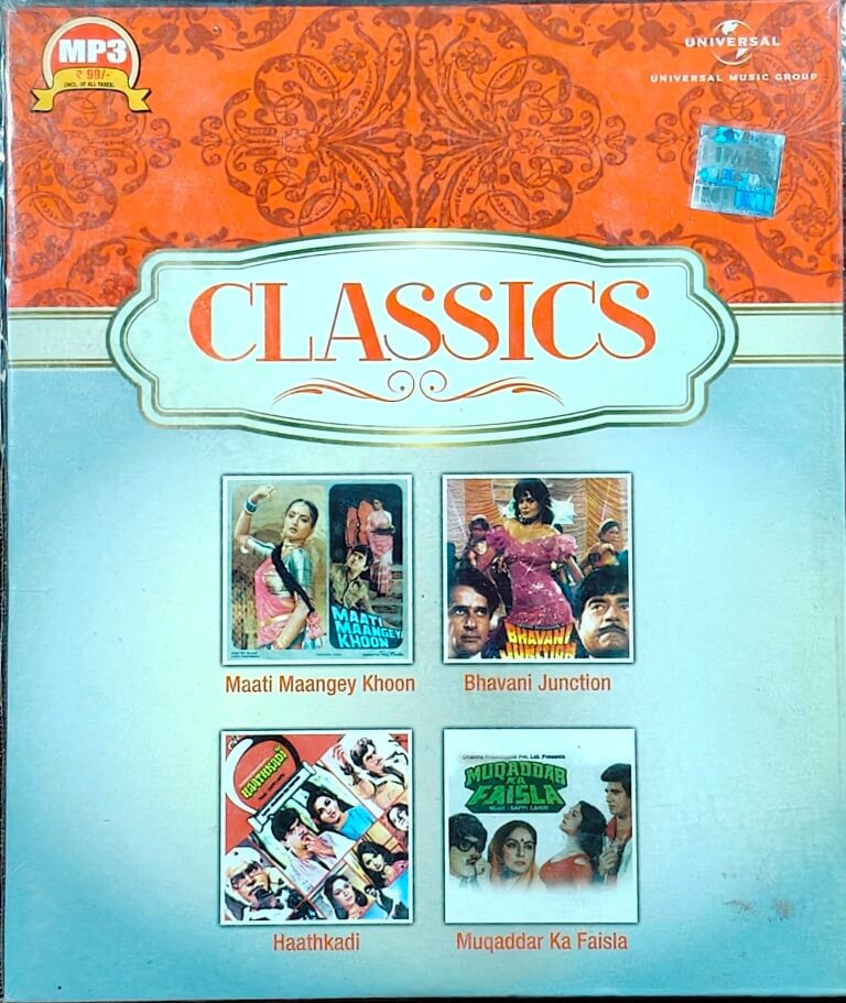 Classics - Maati Maangey Khoon (1984) R. D. Burman / Bhavani Junction (1985) Bappi Lahiri /Hathkadi (1981) Bappi Lahiri /Muqaddar Ka Faisla (1986) Bappi Lahiri Pre-Owned Universal MP3 CD