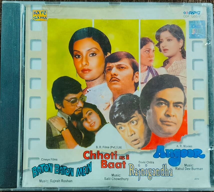 Baton Baton Mein (1979) Rajesh Roshan / Chhoti Si Baat (1975) Salil Chowdhury / Rajnigandha (1974) Salil Chowdhury / Angoor (1982) R. D. Burman Pre-Owned Saregama – RPG Audio CD