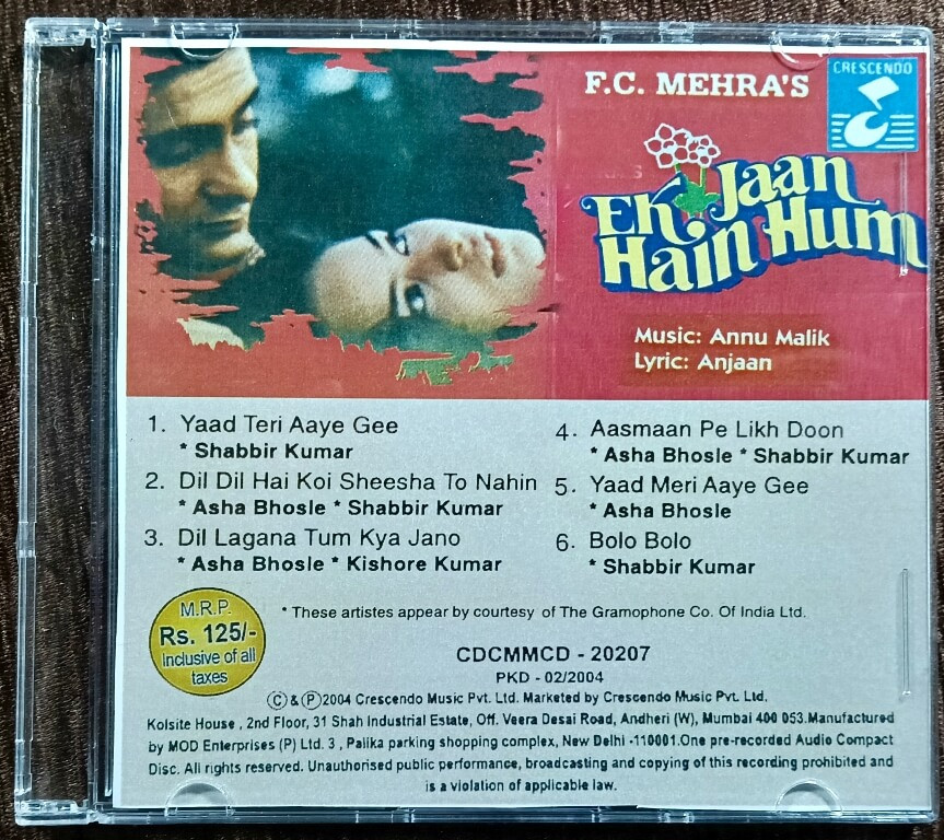 Ek Jaan Hain Hum (1998) Anu Malik Pre-Owned  BMG Crescendo Audio CD