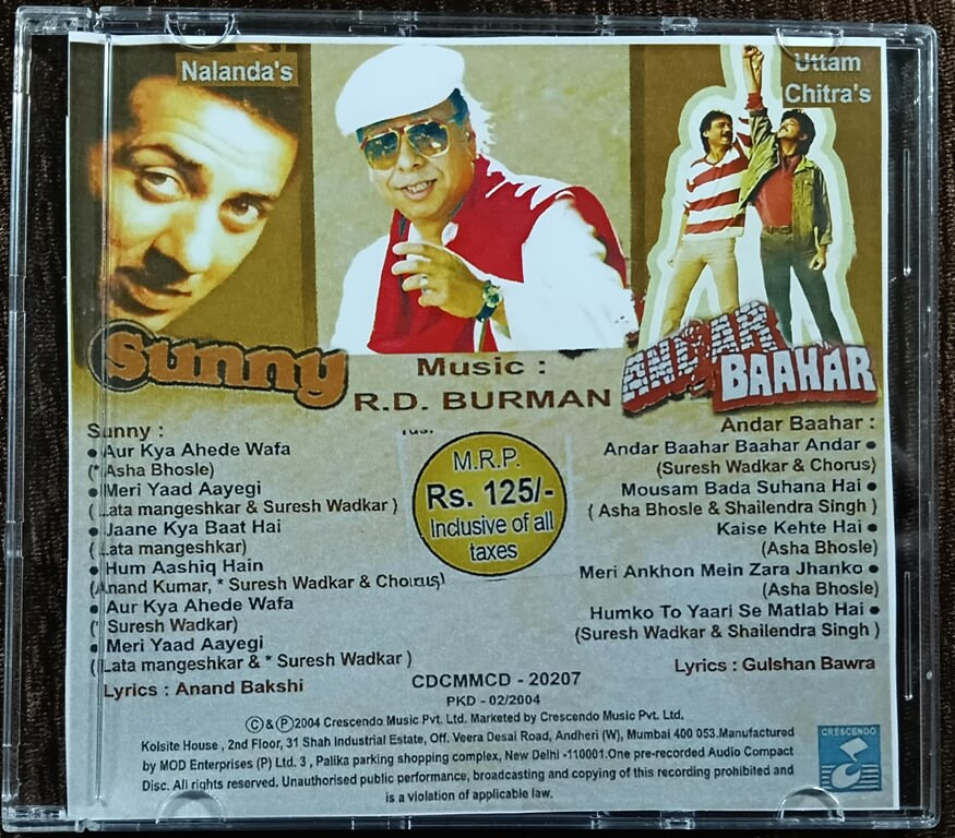 Sunny (1984) R.D. Burman / Andar Baahar (1984) R. D. Burman Pre-Owned Crescendo Audio CD